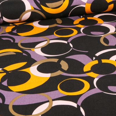 Tissu Viscose Twill extensible  Cercles abstraits jaune sur fond Noir - Par 10 cm