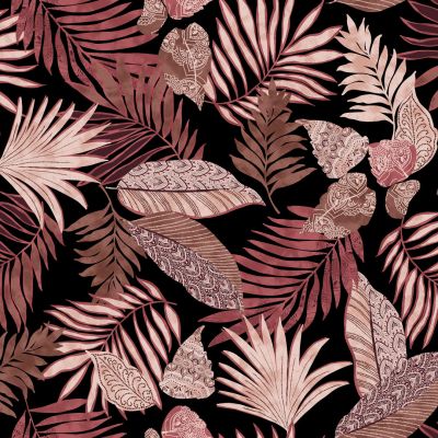 Tissu Jersey Viscose imprimé Feuilles sur fond Noir - Par 10 cm