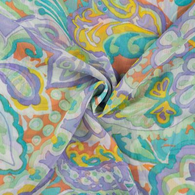 Tissu Mousseline Crépon Paisley pastel sur fond Blanc - Par 10 cm