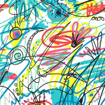 Tissu Sweat léger French Terry Graffiti coloré sur fond Blanc - Par 10 cm