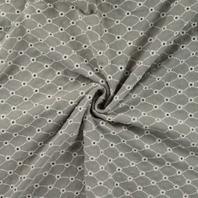 Tissu Gaze de Coton motifs brodés sur fond Vert kaki - Par 10 cm
