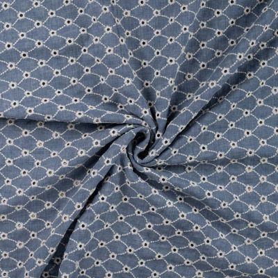 Tissu Gaze de Coton motifs brodés sur fond Bleu denim - Par 10 cm