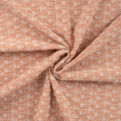 Tissu Gaze de Coton Fleurs brodées sur fond Saumon - Par 10 cm