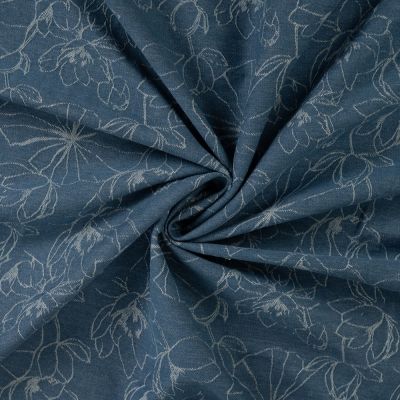 Tissu Jean Denim Fleurs sur fond Bleu denim - Par 10 cm