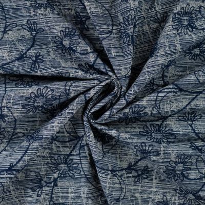 Tissu Jean Denim rayures et fleurs brodées sur fond Bleu foncé - Par 10 cm