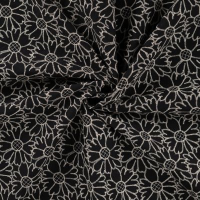 Tissu Coton brodé imprimé Fleurs sur fond Noir - Par 10 cm