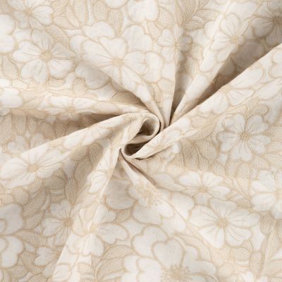 Tissu Coton brodé imprimé Fleurs sur fond Ecru - Par 10 cm
