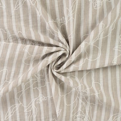 Tissu Aspect Lin rayures et fleurs sur fond Beige - Par 10 cm