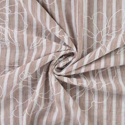 Tissu Aspect Lin rayures et fleurs sur fond Taupe - Par 10 cm