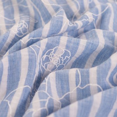 Tissu Aspect Lin rayures et fleurs sur fond Bleu ciel - Par 10 cm