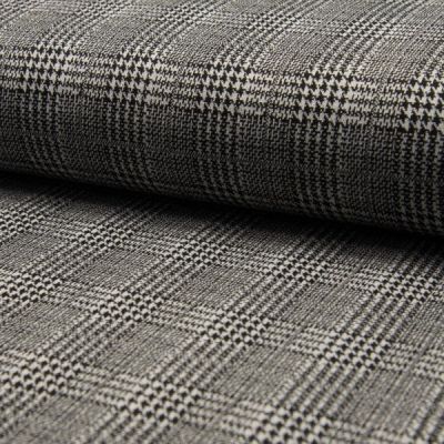 Tissu Jacquard polyviscose  extensible Écossais pied de poule Noir sur fond Blanc - Par 10 cm