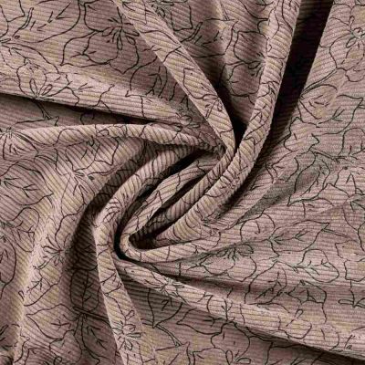 Tissu Velours Côtelé lavé  Éléane fleurs Noires sur fond Taupe - Par 10 cm