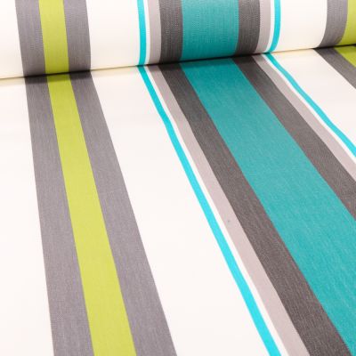 Tissu Toile enduite extérieure Dralon enduit Mentoue sur fond Bleu lagon - Par 10 cm