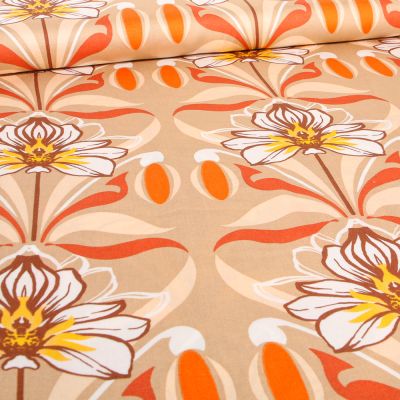 Tissu Viscose satiné Fleur de Lys orange sur fond Beige - Par 10 cm