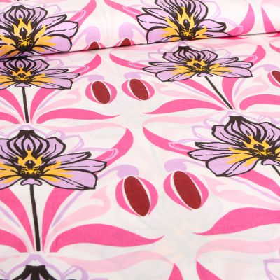 Tissu Viscose satiné Fleur de Lys rose sur fond Blanc - Par 10 cm