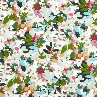 Tissu Toile Polycoton enduit Champs Fleuris Printemps sur fond Blanc - Par 10 cm