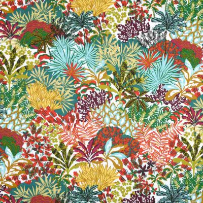 Tissu Toile Polycoton  enduit  tropical multicolore Primus sur fond Blanc - Par 10 cm