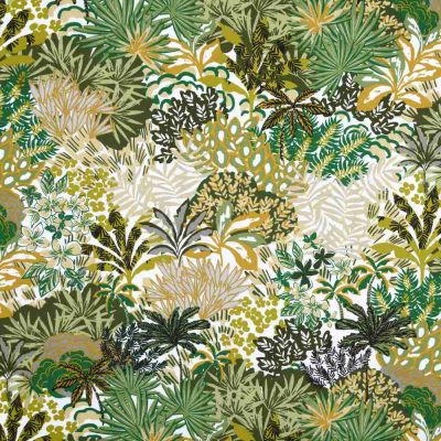 Tissu Toile  Polycoton enduit  végétal vert Garrigue sur fond Blanc - Par 10 cm