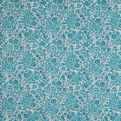 Tissu Coton imprimé fleuri bleu Bloss sur fond Blanc cassé - Par 10 cm
