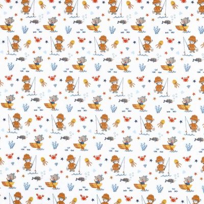 Tissu Popeline de Coton  Léo le pêcheur sur fond Blanc - Par 10 cm