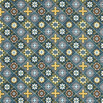Tissu Toile Cretonne enduit  Marrakech sur fond Bleu canard - Par 10 cm