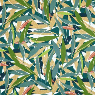 Tissu Toile Cretonne enduit feuilles vertes Tamoa sur fond Beige sable - Par 10 cm