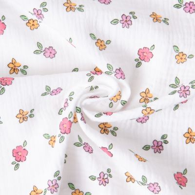 Tissu Double gaze de Coton Grace petites fleurs sur fond Blanc - Par 10 cm