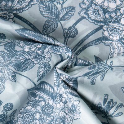 Tissu Toile Polycoton Saone murier sauvage sur fond Bleu gris - Par 10 cm