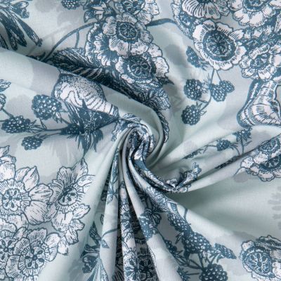 Tissu Toile Polycoton Enduit Saone murier sauvage sur fond Bleu gris - Par 10 cm