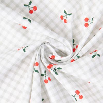 Tissu Coton imprimé Carreaux et cerises sur fond Blanc - Par 10 cm