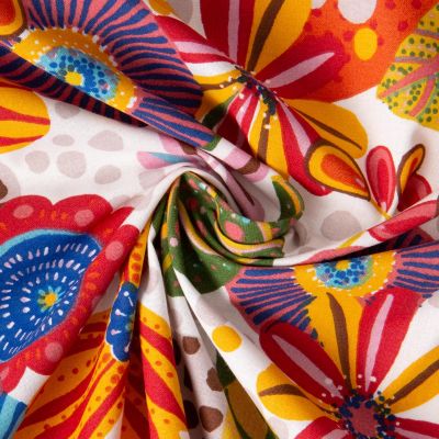 Tissu Coton imprimé Douchka fleurs multicolores sur fond Blanc cassé - Par 10 cm