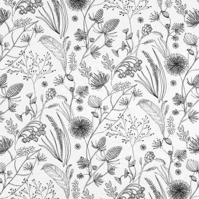 Tissu Toile Savoie Fleurs Noires Herbia sur fond Blanc - Par 10 cm