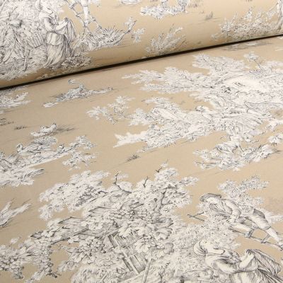 Tissu Toile de Jouy Grande largeur Au fil du temps Beige sable - Par 10 cm