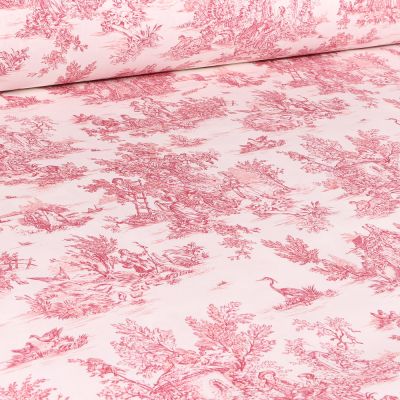 Tissu Coton imprimé grande largeur Jouy rouge sur fond Blanc cassé - Par 10 cm