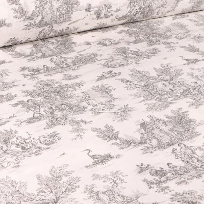 Tissu Coton imprimé grande largeur Jouy anthracite sur fond Blanc cassé - Par 10 cm