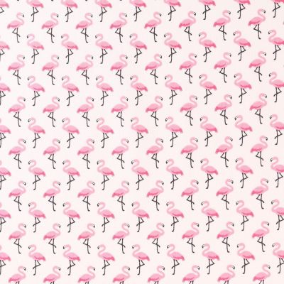 Tissu Coton Enduit Flamants roses sur fond Ecru - Par 10 cm