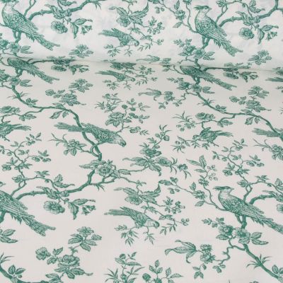 Tissu Coton imprimé aspect toile Mesange Vert sur fond Blanc - Par 10 cm