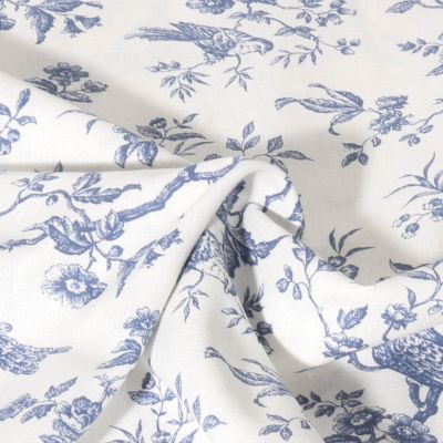 Tissu Coton imprimé Inspiration Jouy bird  bleu sur fond Blanc cassé - Par 10 cm