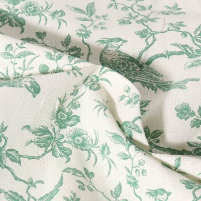 Tissu Coton imprimé Inspiration Jouy bird vert sur fond Ecru - Par 10 cm