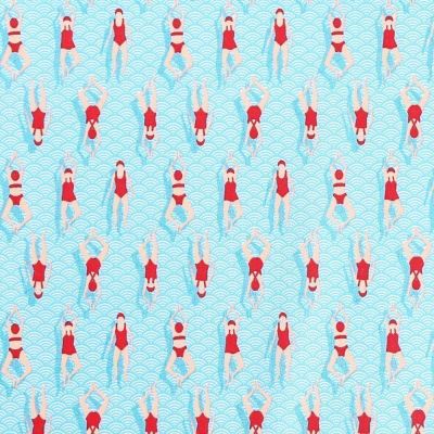 Tissu Coton Imprimé Arty Nageuses sur fond Bleu - Par 10 cm