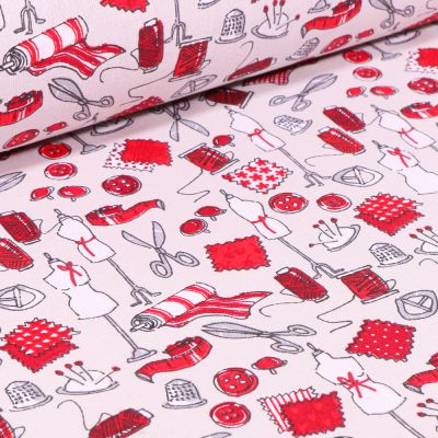 Tissu Coton imprimé Arty Accessoires de couture Rouge sur fond Beige clair - Par 10 cm