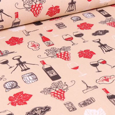 Tissu Coton enduit Arty Vignobles sur fond Beige - Par 10 cm