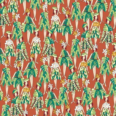 Tissu Coton imprimé Vahinés sur fond Terracotta - Par 10 cm