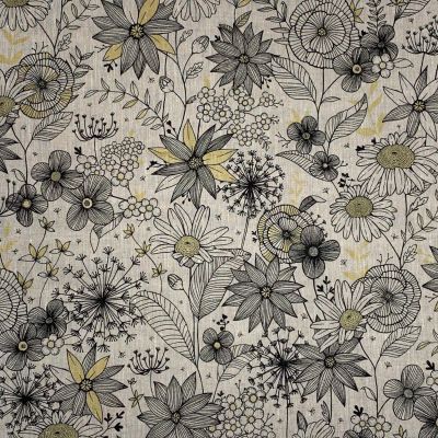 Tissu Toile de Coton Fleurs noires blanches et dorées sur fond Naturel - Par 10 cm