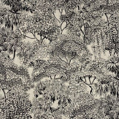 Tissu Lin d&#039;ameublement Végétations Black &amp; White sur fond Naturel - Par 10 cm