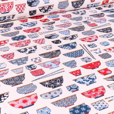 Tissu Coton imprimé Arty Bol ramen rouge sur fond Blanc - Par 10 cm