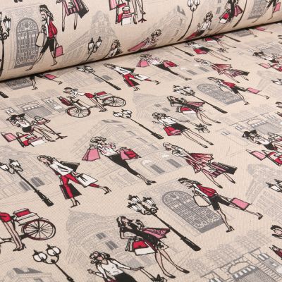 Tissu Toile de Coton Shopping day sur fond Naturel - Par 10 cm