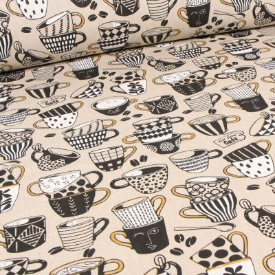 Tissu Toile de Coton Café time sur fond Naturel - Par 10 cm