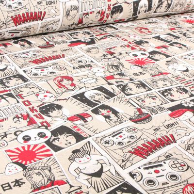 Tissu Toile de Coton BD Manga sur fond Naturel - Par 10 cm