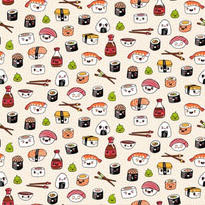 Tissu Coton imprimé Sushi party sur fond Beige - Par 10 cm